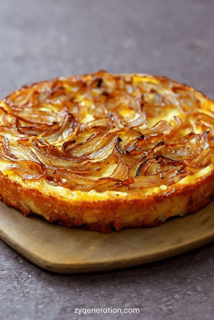 Gâteau salé moelleux aux oignons dorés et fromage fondu, coupé en parts, mie fondante, servi tiède sur une planche avec salade.
