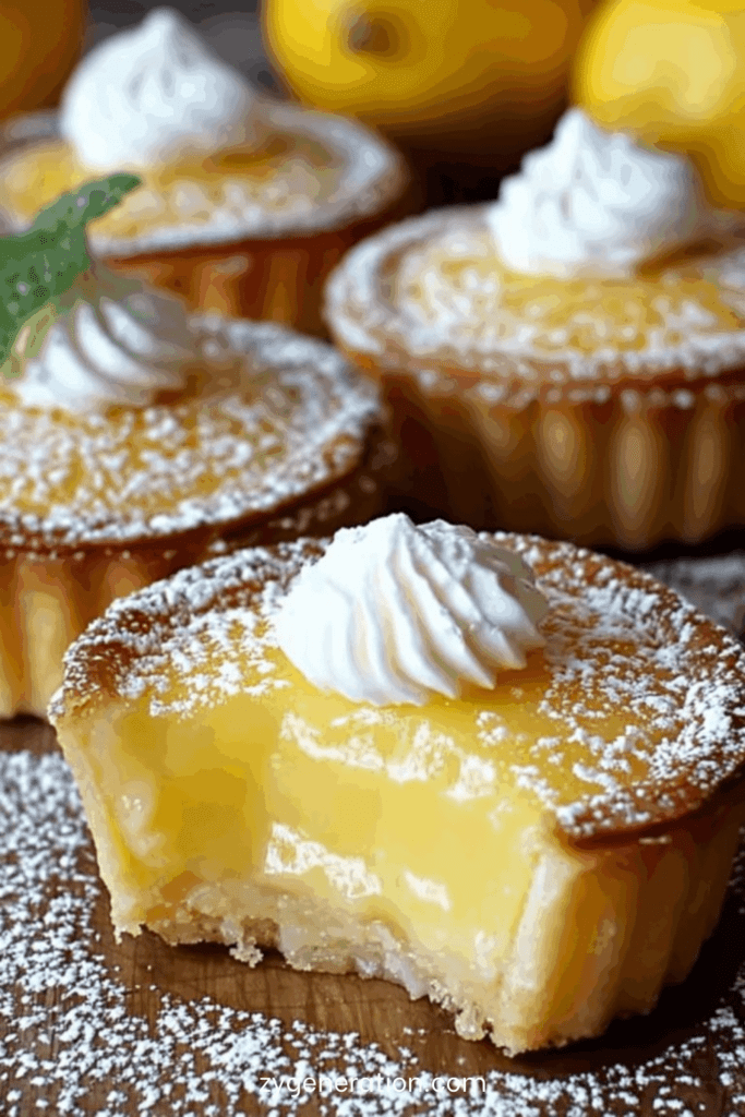 petites tartes au citron avec pâte sablée dorée garnies de crème citron fondante et saupoudrées de sucre glace