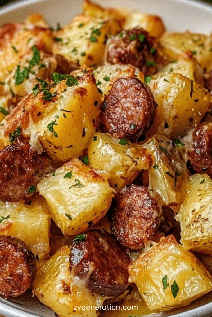 Plat de pommes de terre rôties au four avec rondelles de saucisses fumées dorées, oignons fondants, fromage gratiné et persil frais, servi bien chaud dans un plat rustique.