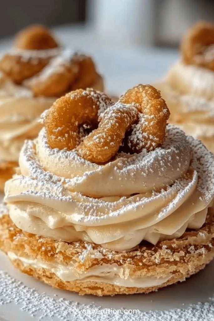 Paris-Brest maison en couronne de pâte à choux dorée garnie de crème pralinée onctueuse, croustillant praliné et sucre glace, décoré de noisettes caramélisées.