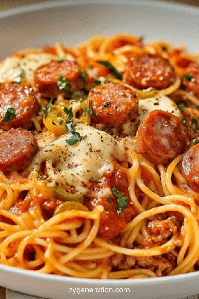 Assiette de Spaghetti à la saucisse nappés de sauce tomate maison avec rondelles de saucisses dorées, fromage fondu et persil frais, servis dans une assiette rustique.