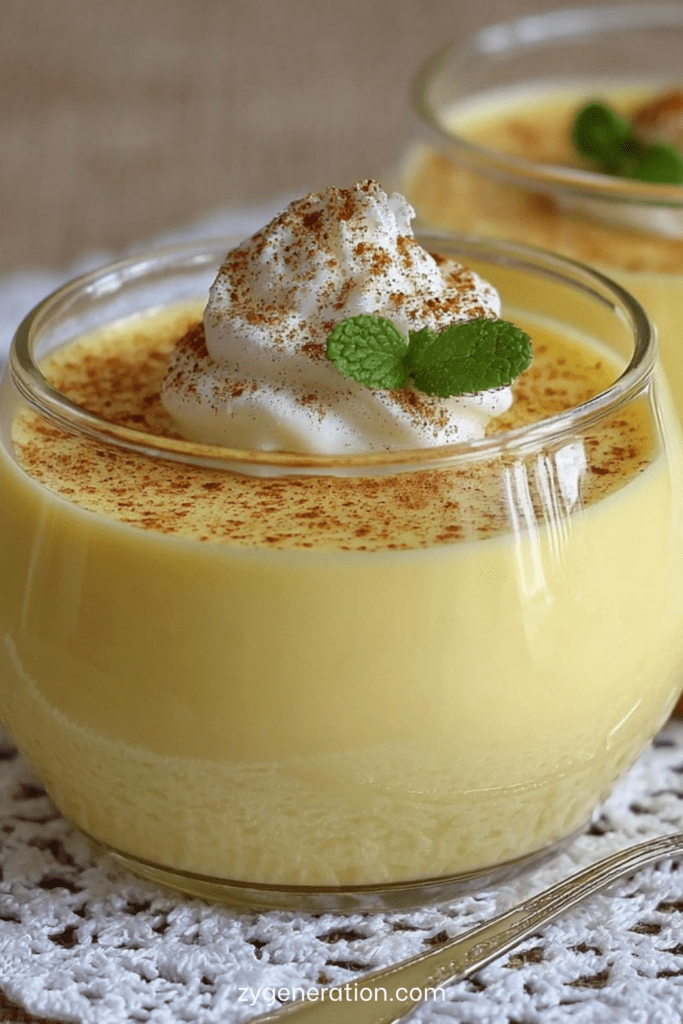 Verrines de crème dessert vanille maison onctueuse garnies de chantilly, saupoudrées de cacao et décorées de feuilles de menthe.