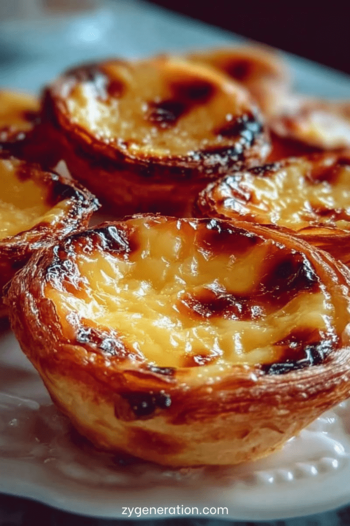 Pastéis de nata portugais dorés avec pâte feuilletée croustillante et crème vanillée légèrement caramélisée, saupoudrés de sucre glace et cannelle.