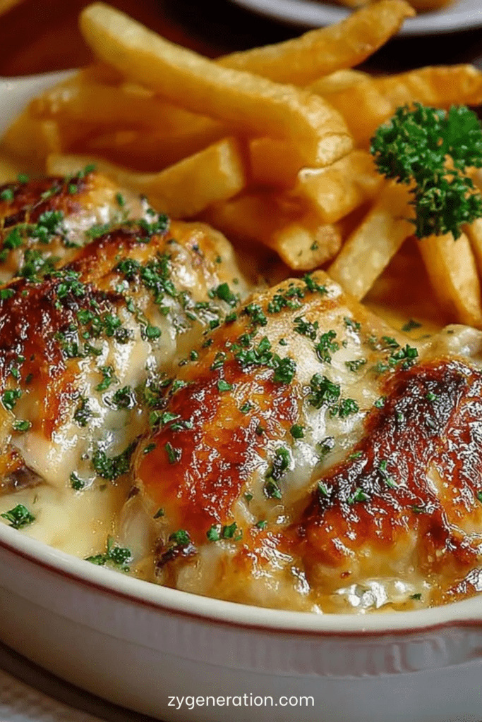 Cassolettes de poulet au Maroilles gratinées au four, servies bien chaudes avec des frites maison dorées et croustillantes, persil frais par-dessus.