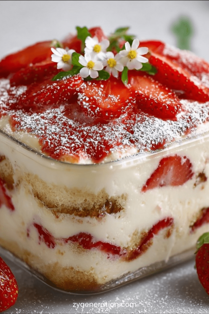 Tiramisu aux fraises sans cuisson servi dans un plat familial, avec couches de biscuits imbibés, crème mascarpone onctueuse, morceaux de fraises fraîches et sucre glace.