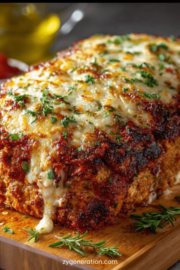 Pain de viande italien au parmesan gratiné, nappé de sauce tomate et recouvert de mozzarella fondue, servi en tranches avec herbes fraîches.