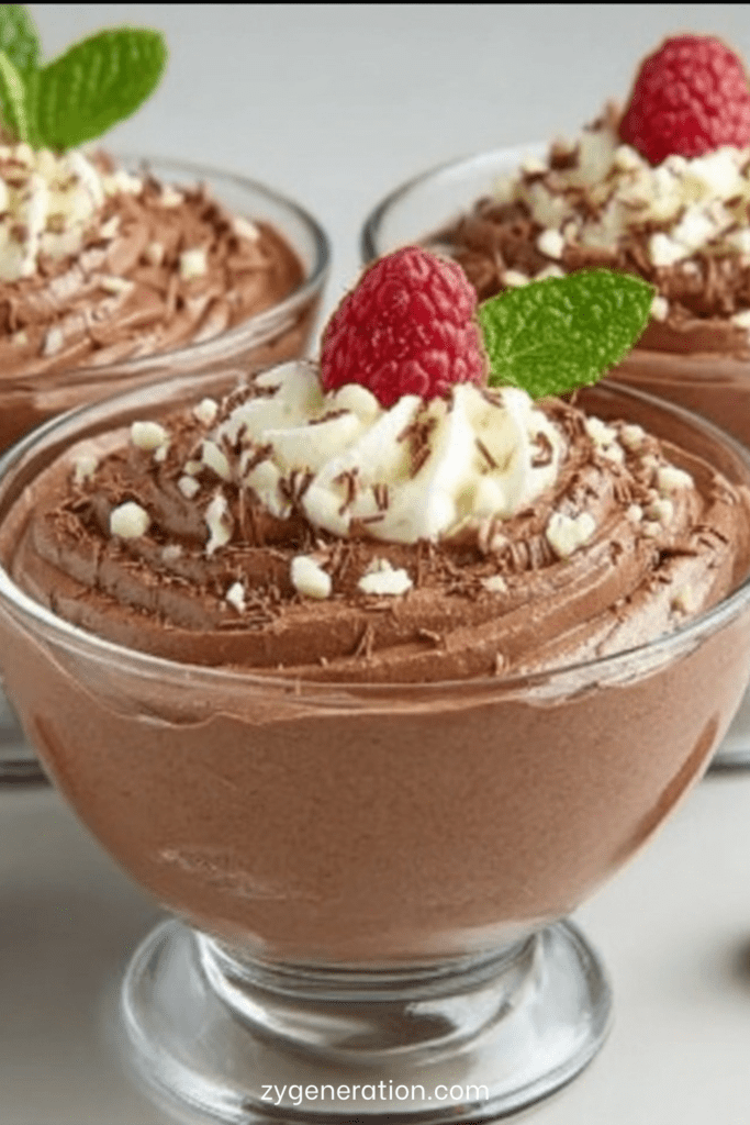 Mousse mascarpone au chocolat servie en verrine, texture aérienne et crémeuse, décorée de framboises fraîches, copeaux de chocolat et feuille de menthe.