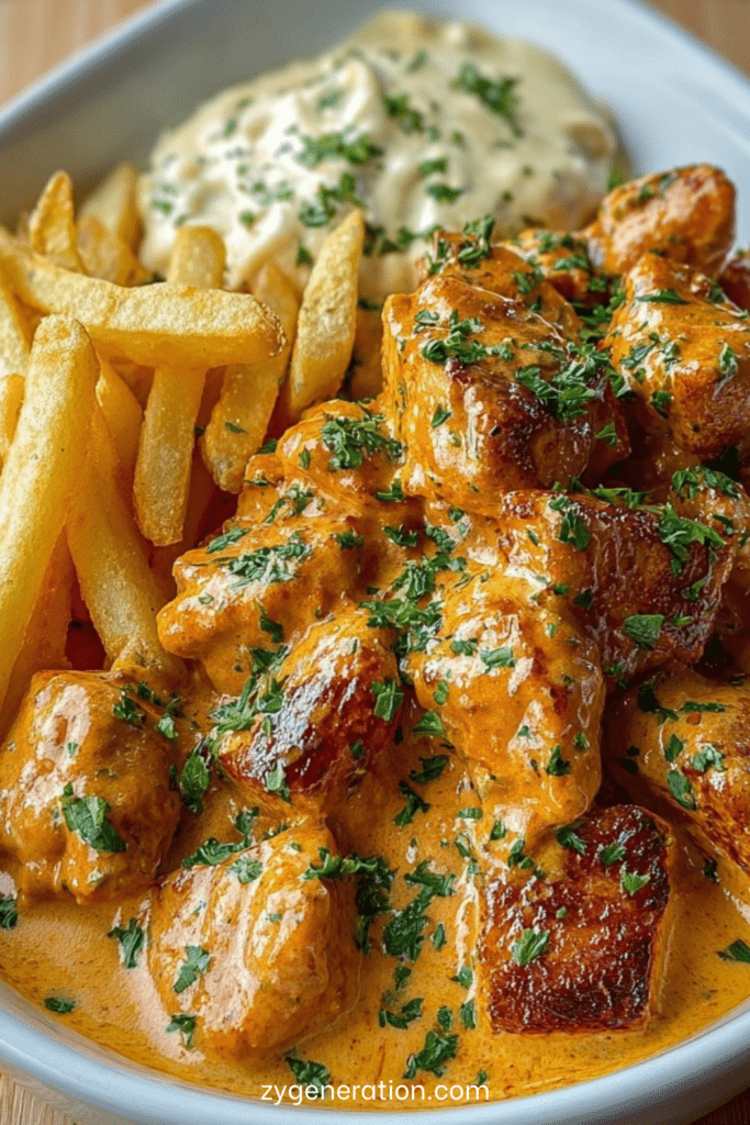Bouchées de poulet dorées au beurre nappées de sauce crémeuse, servies avec des frites maison croustillantes et du persil frais.
