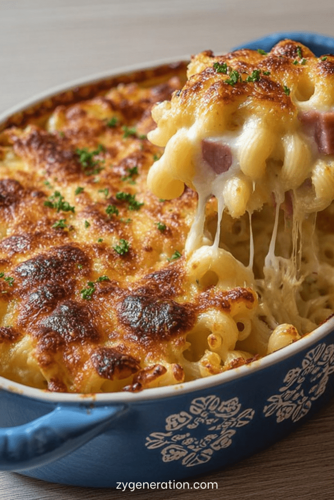 Gratin de pâtes jambon fromage doré au four avec croûte gratinée et fromage fondant, servi dans un plat familial avec persil frais.