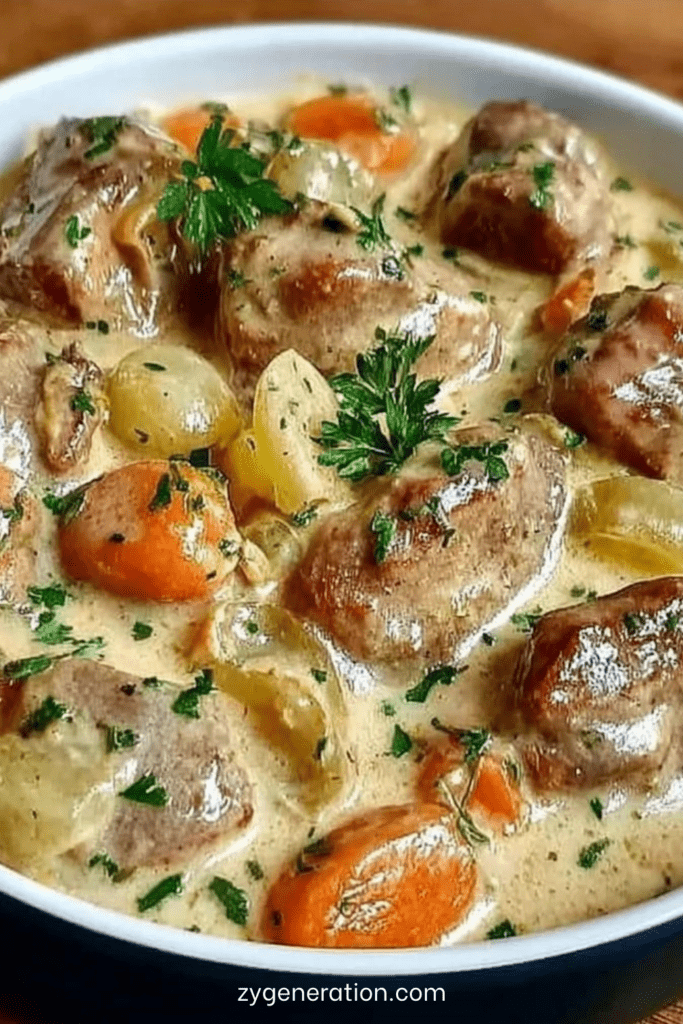 Blanquette de veau à l’ancienne servie dans une cocotte, avec morceaux de veau tendres, carottes, champignons, sauce crémeuse et persil frais.