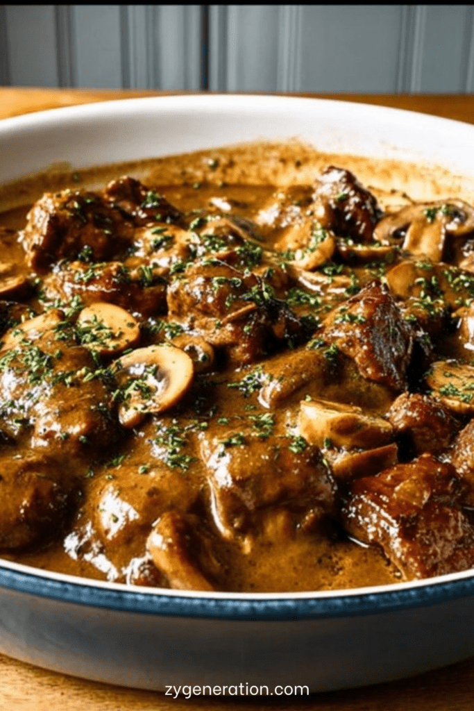Joue de bœuf mijotée aux champignons servie dans une cocotte, avec morceaux de viande fondants, carottes, sauce brune brillante et persil frais.