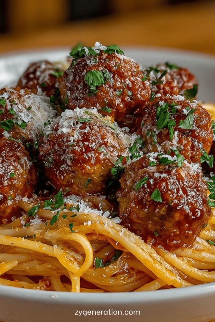 Assiette de spaghetti aux boulettes nappées de sauce tomate maison, avec parmesan râpé et persil frais, servie chaude.