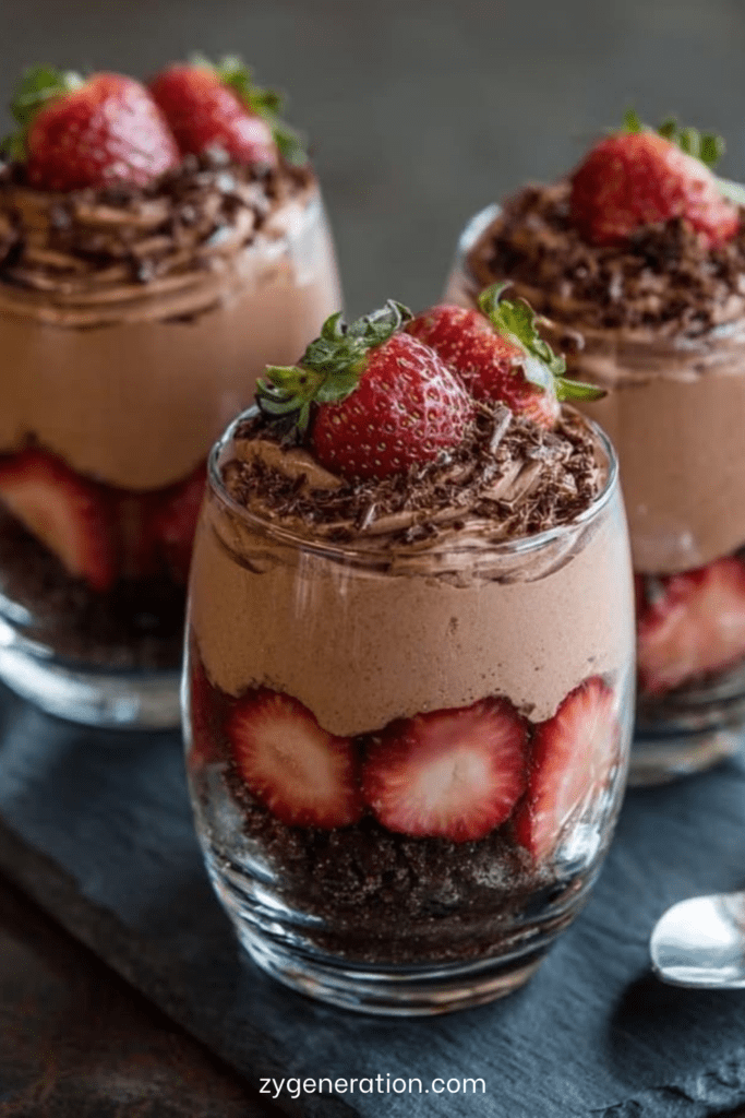 Verrines de mousse au chocolat avec fraises fraîches et base biscuitée croquante, décorées de copeaux de chocolat.