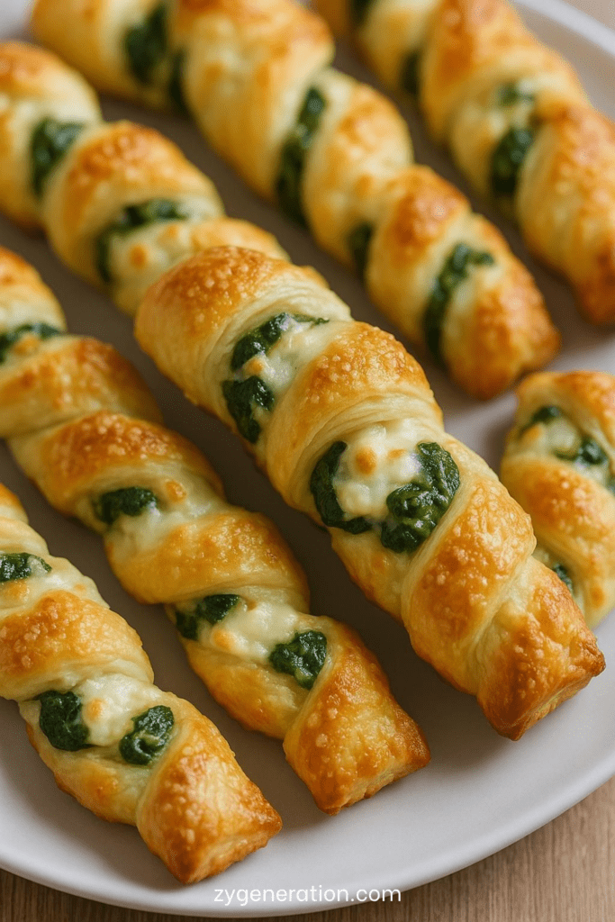 Torsades feuilletées dorées aux épinards et parmesan, croustillantes, servies sur une plaque avec une texture feuilletée visible.