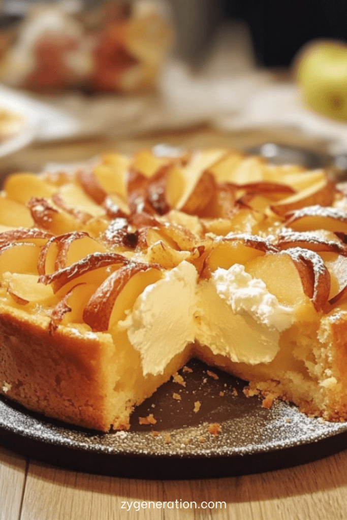 Gâteau fondant aux pommes et mascarpone, texture moelleuse avec tranches de pommes dorées sur le dessus et sucre glace.