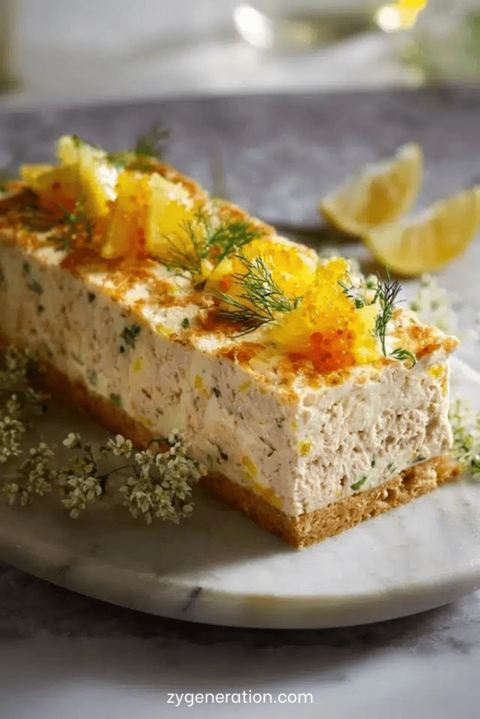 Terrine de poisson citronnée aux herbes, texture lisse et crémeuse, garnie de citron et d’aneth, servie en tranches.