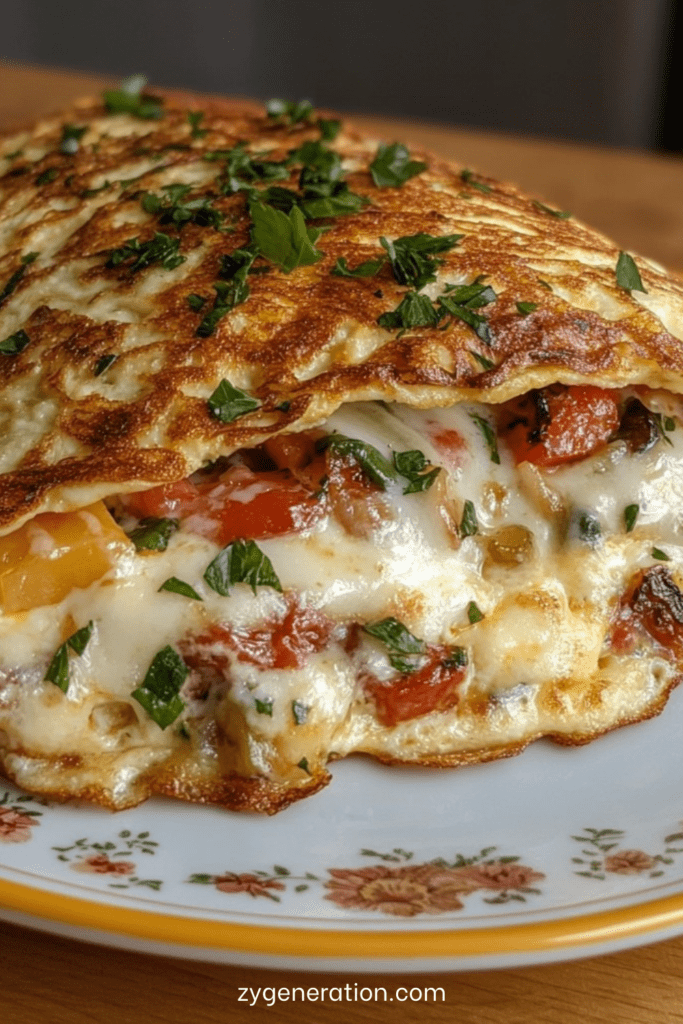 Omelette anti-gaspi dorée à la poêle, garnie de légumes fondants coupés en petits dés, de fromage fondu et d’herbes fraîches, servie chaude dans une assiette avec salade verte.