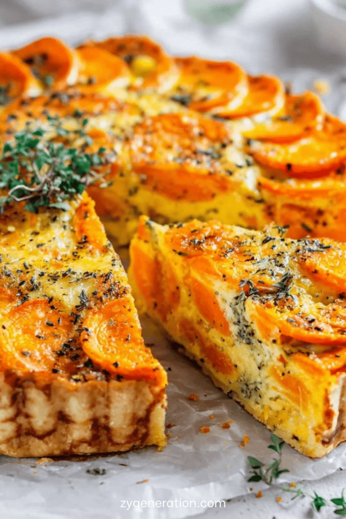 Tarte fondante aux carottes cuite au four, garnie de rondelles de carottes tendres, de fromage gratiné et d’herbes aromatiques, servie dans un moule doré.