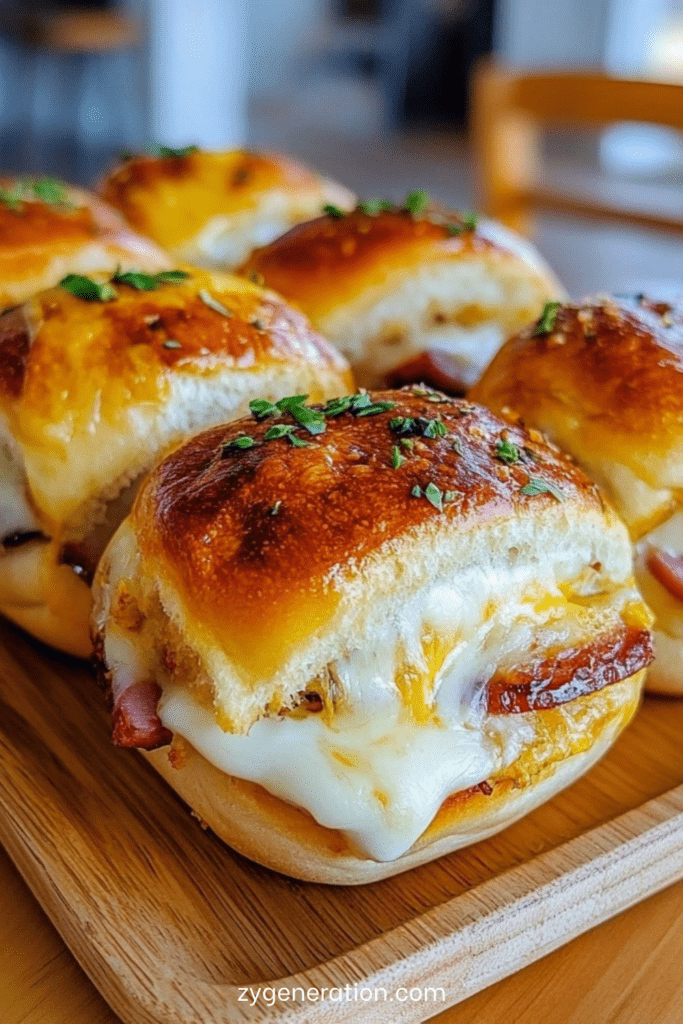 Mini sliders dorés au four, garnis de jambon et fromage fondu filant, badigeonnés de beurre persillé, servis chauds sur une plaque.