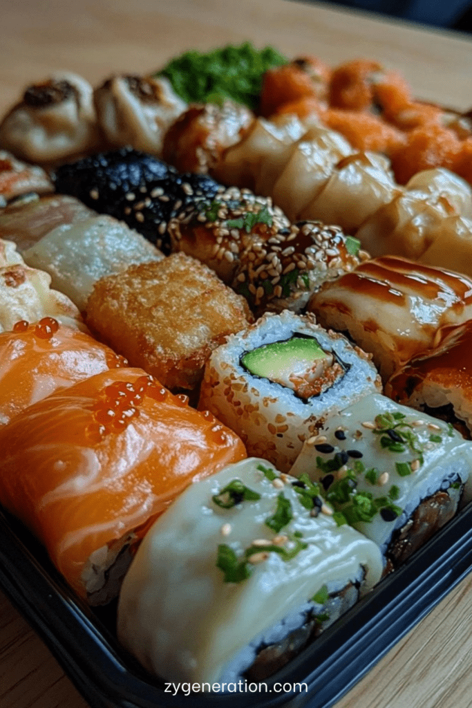 Plateau sushi, makis, nigiris au saumon, tempura de crevettes croustillantes et gyozas dorés, disposés élégamment avec sauce soja.