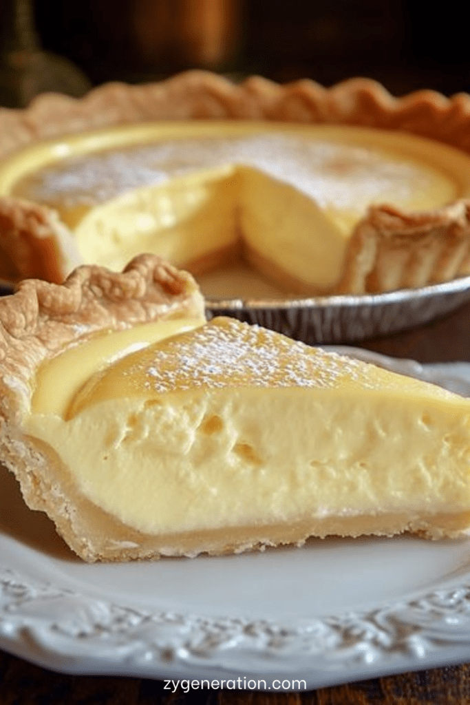 Tarte à la crème soyeuse vanillée à l’ancienne, surface légèrement dorée, pâte croustillante, part découpée montrant une crème lisse et fondante saupoudrée de sucre glace.