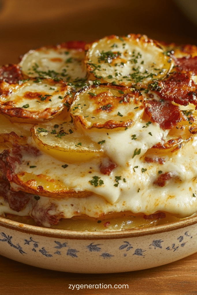 Tartiflette dorée au four avec couches de pommes de terre fondantes, lardons, fromage à raclette gratiné et surface croustillante légèrement dorée.