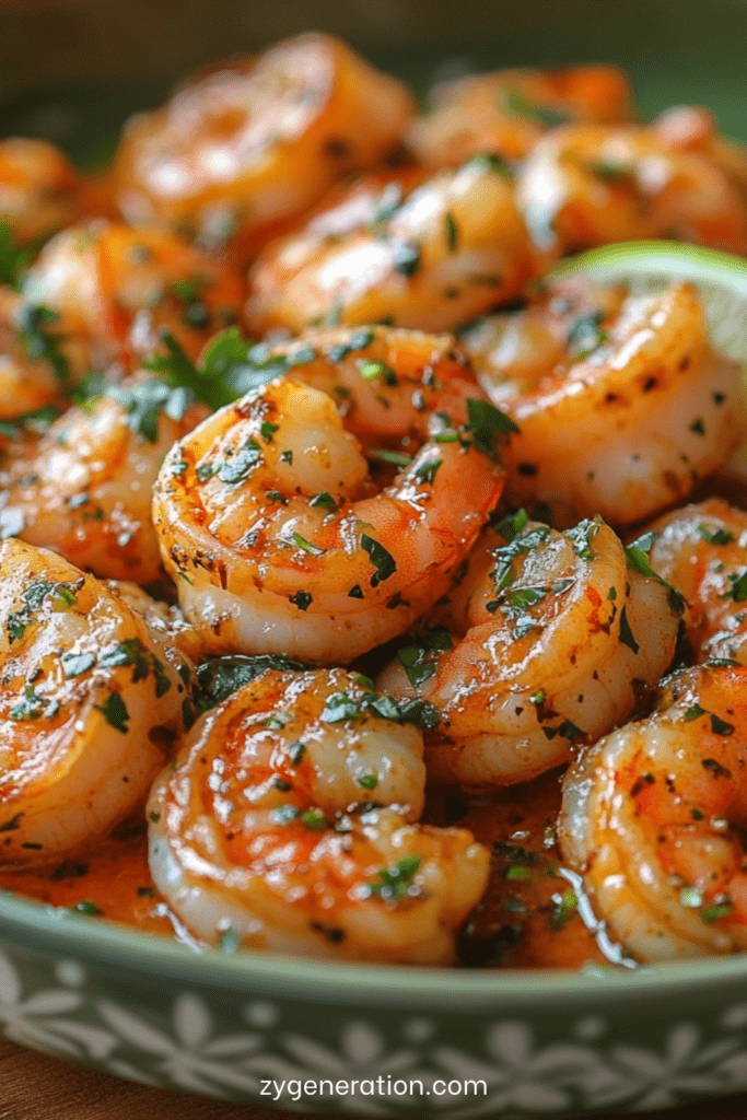 Crevettes vapeur rosées nappées de sauce citron vert et herbes fraîches, servies dans un plat avec quartiers de citron et persil ciselé.