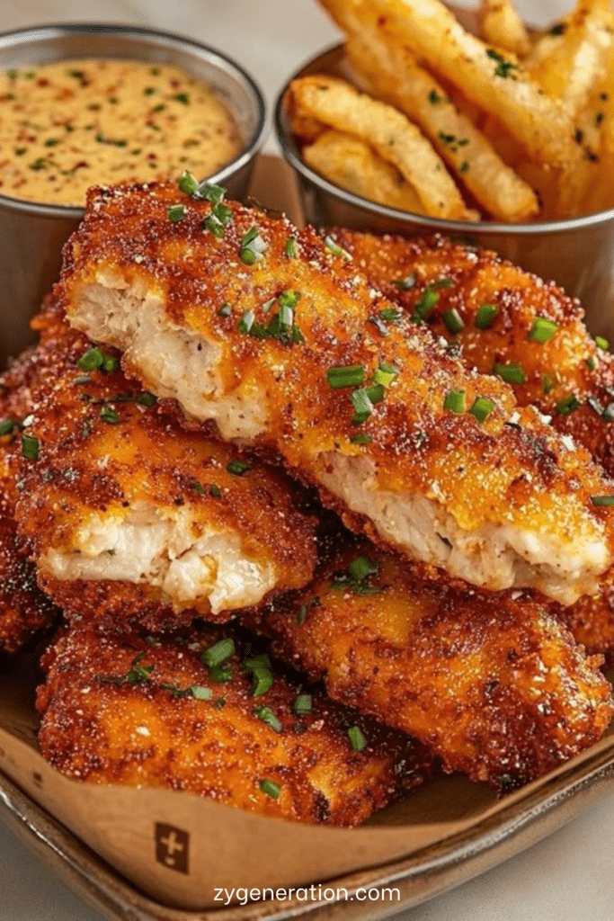 Filets de poulet croustillant au parmesan, dorés et croustillants, servis chauds avec sauce crémeuse et persil frais sur une assiette blanche.