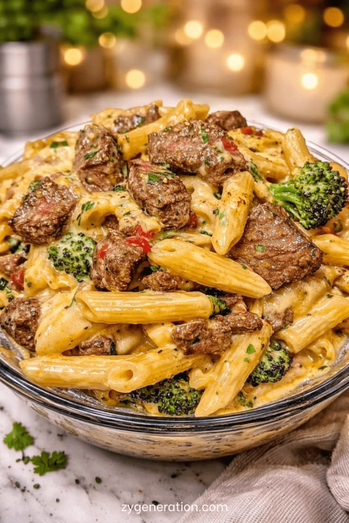 Assiette de penne crémeuses au bœuf et brocoli, avec morceaux de steak dorés, sauce au parmesan, persil frais et poivre noir.