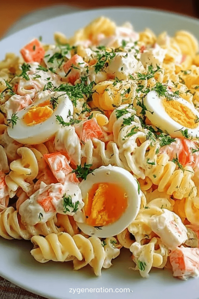 Salade de pâtes au surimi et œufs durs avec concombre, carotte, sauce crémeuse et herbes fraîches servie bien froide.