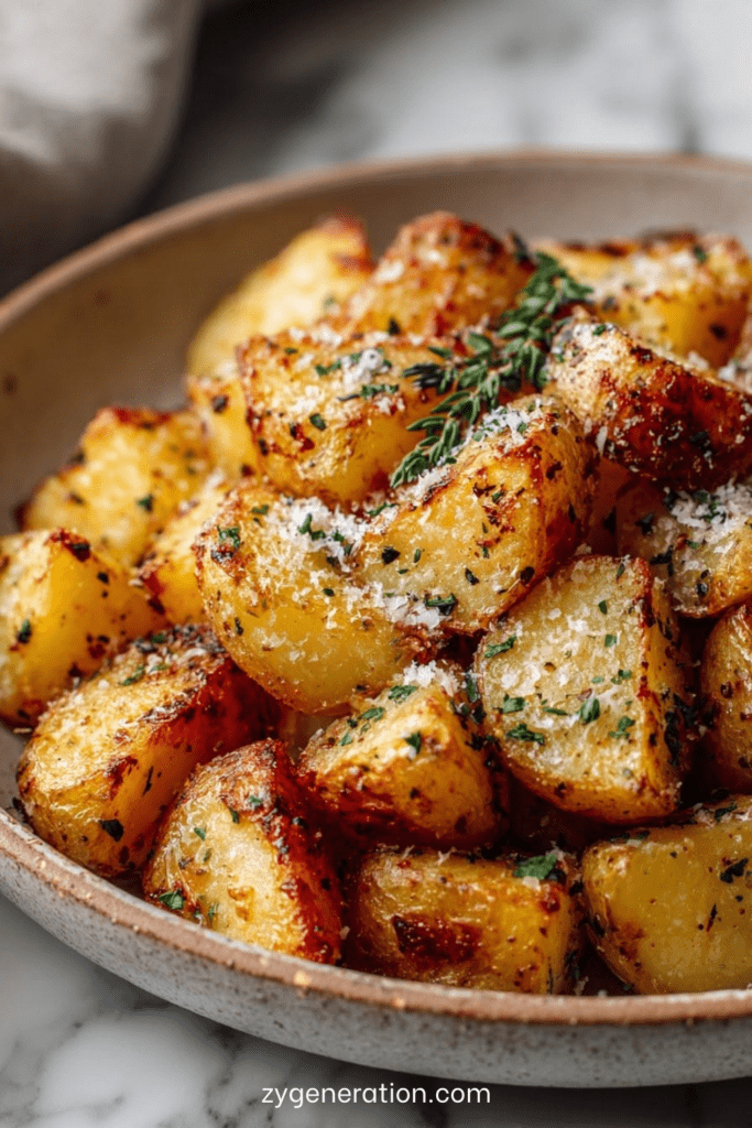 Pommes de terre rôties au four avec parmesan doré, herbes aromatiques, ail et persil frais, croustillantes et servies chaudes.