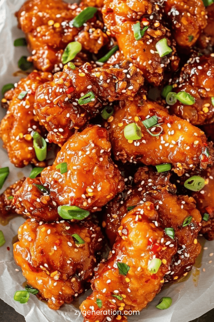 Morceaux de poulet croustillant frit nappés de sauce épicée brillante avec graines de sésame et oignons verts, servis chauds.