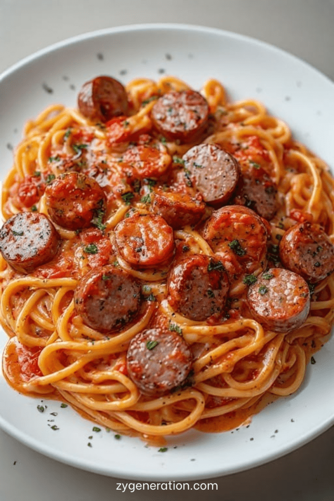 Assiette de spaghetti aux saucisses dorées avec sauce tomate crémeuse, parmesan râpé et persil frais, servis bien chauds.