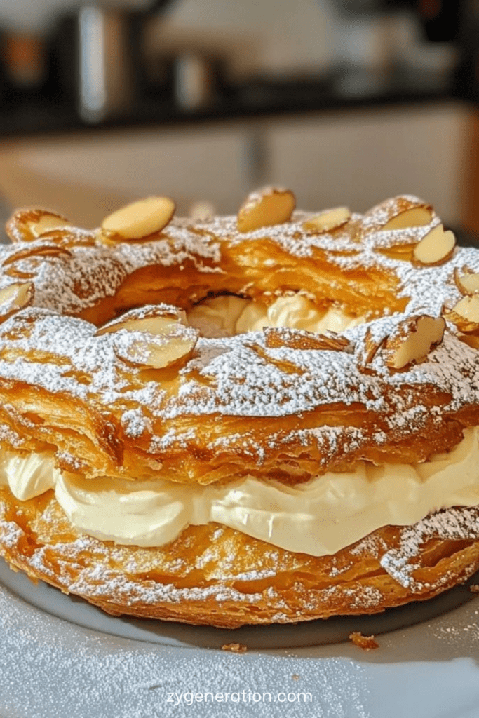 Couronne feuilletée dorée garnie de crème vanillée légère, décorée d’amandes effilées et saupoudrée de sucre glace.