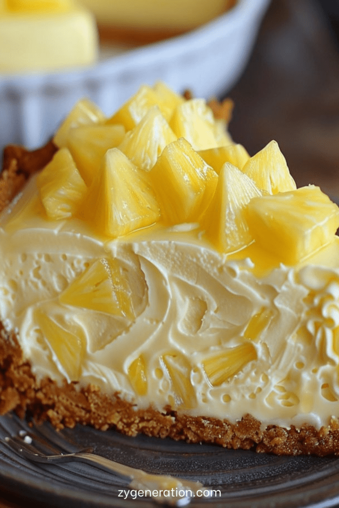 Cheesecake sans cuisson à l’ananas sur base biscuitée, crème lisse et épaisse, morceaux d’ananas juteux sur le dessus, part découpée montrant les couches.