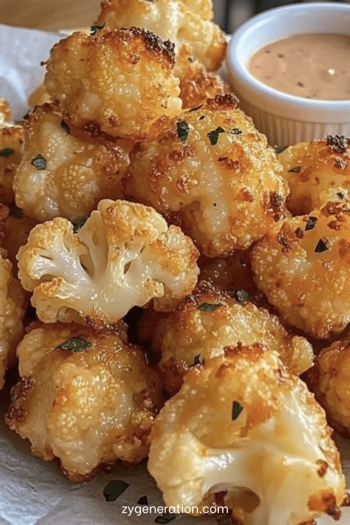 Bouchées de chou-fleur croustillantes au parmesan, dorées au four, servies chaudes avec persil frais et sauce crémeuse maison.