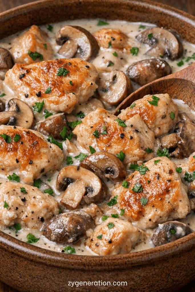 Ragoût de poulet crémeux aux champignons servi chaud, avec morceaux de poulet tendres, sauce onctueuse, champignons et persil frais.