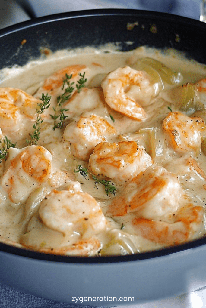 Blanquette de Saint-Jacques et crevettes servie chaude avec sauce crémeuse, persil frais et accompagnement de riz blanc.