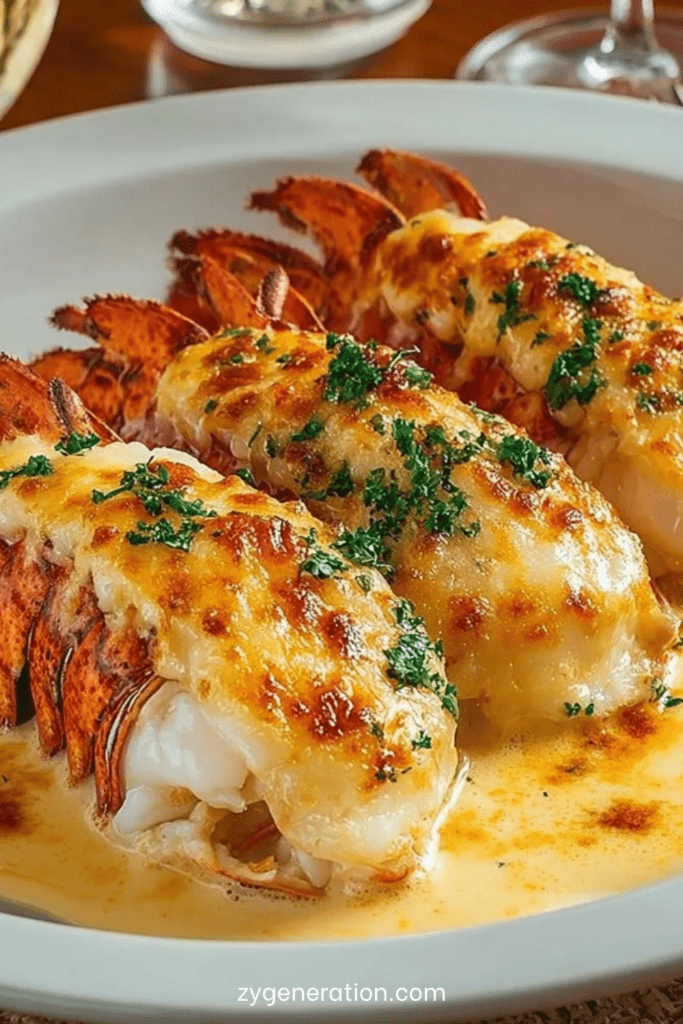 Queues de langoustes gratinées au four, chair tendre nappée de sauce crémeuse et fromage doré, servies chaudes avec persil frais.