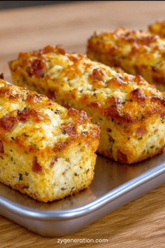 Financiers salés au jambon et fromage dorés, moelleux à l’intérieur, servis chauds avec herbes fraîches sur une table d’apéritif.