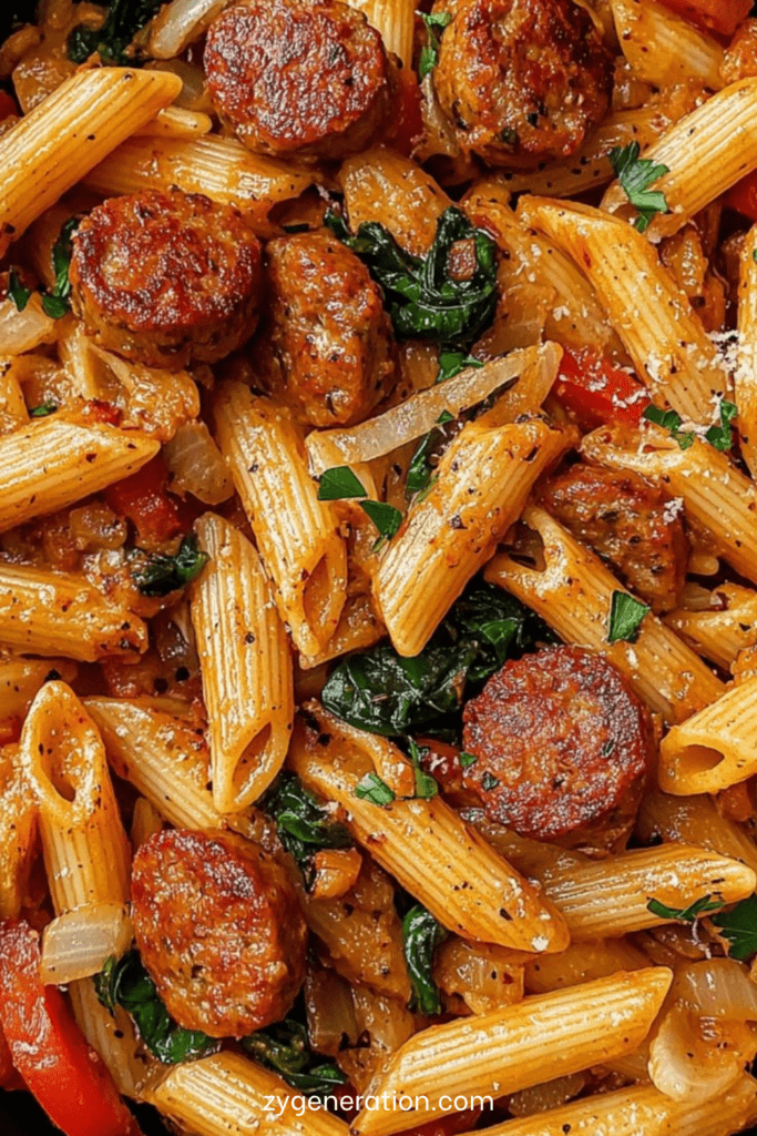Assiette de pâtes crémeuses cajun à la saucisse fumée, avec poivron, parmesan fondu et persil frais, servie bien chaude dans une assiette creuse.