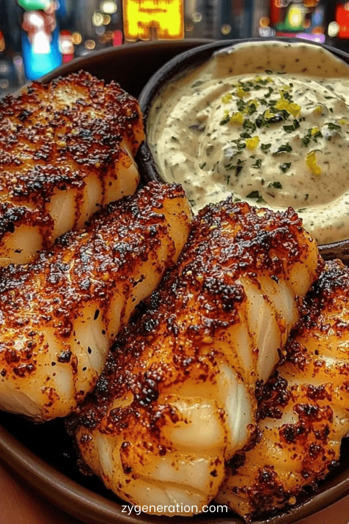 Bouchées de cabillaud dorées à la poêle au beurre à l’ail, morceaux croustillants, servis avec une sauce citronnée au yaourt et herbes dans un bol.