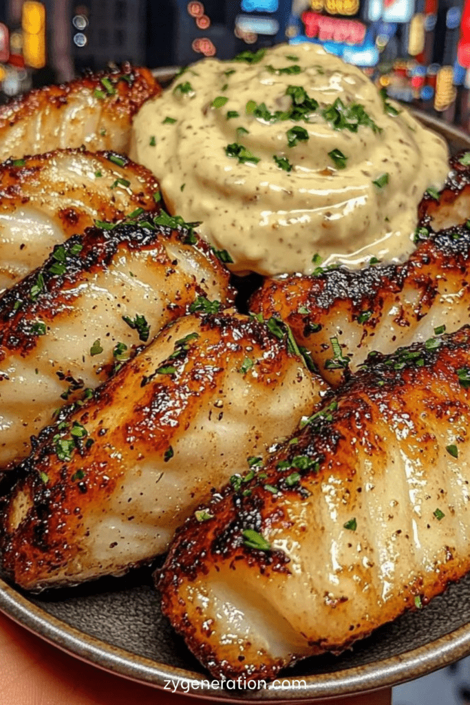 Bouchées de poisson blanc dorées au beurre citronné, servies chaudes avec persil frais et aïoli crémeux à l’ail dans un petit bol.