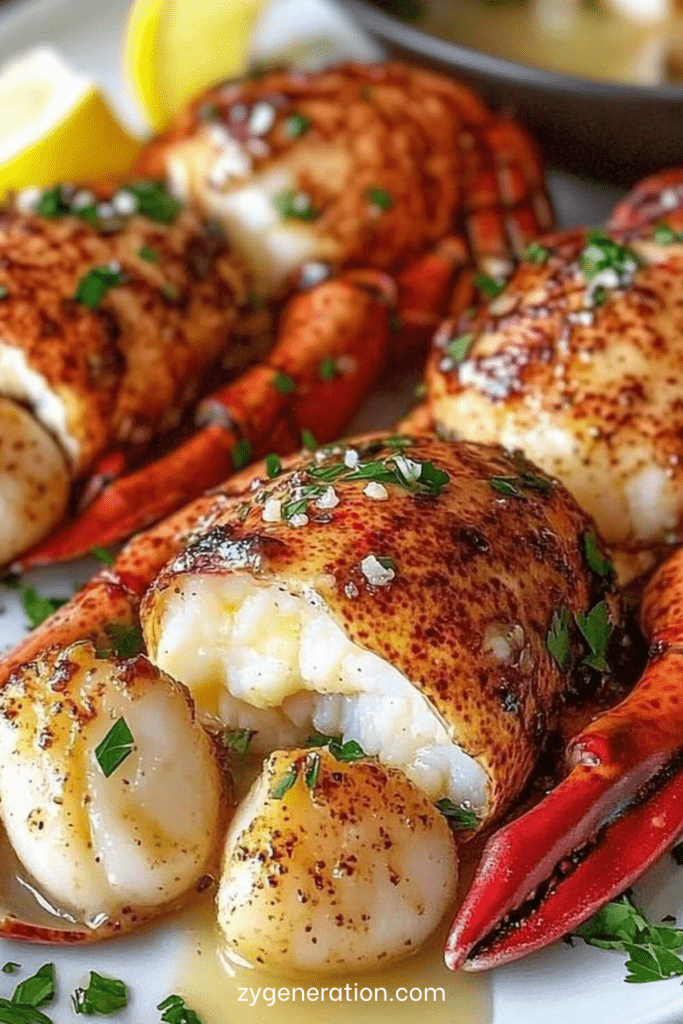 Assiette élégante de queues de langouste et Saint-Jacques dorées, nappées de beurre citronné avec persil frais et citron en garniture.