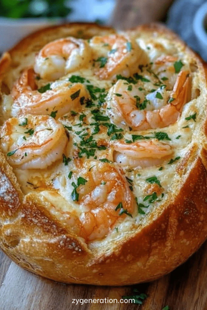 Pain farci croustillant garni de crevettes crémeuses au fromage fondu, gratiné au four avec persil frais et texture dorée appétissante.