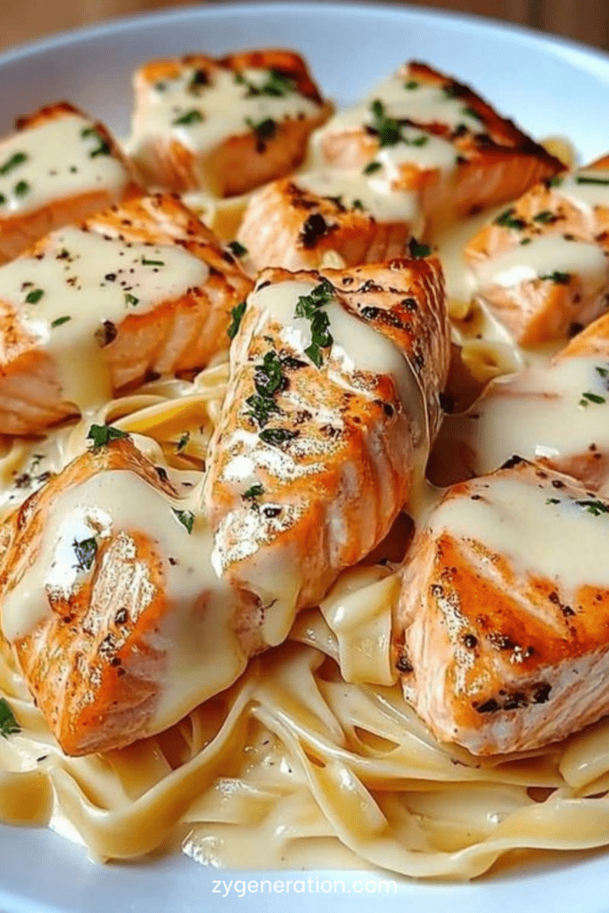 Assiette de pâtes crémeuses au saumon grillé avec sauce au fromage fondue, morceaux de saumon dorés et persil frais en finition.