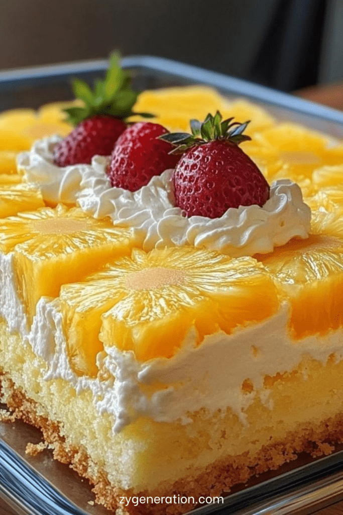 Gâteau ananas moelleux garni de chantilly légère, décoré de tranches d’ananas juteuses et de fraises fraîches sur le dessus.