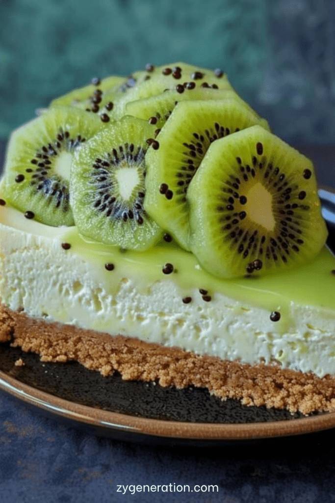 Cheesecake au kiwi sans cuisson avec base biscuitée croustillante, crème onctueuse et tranches de kiwi brillantes nappées de coulis fruité.