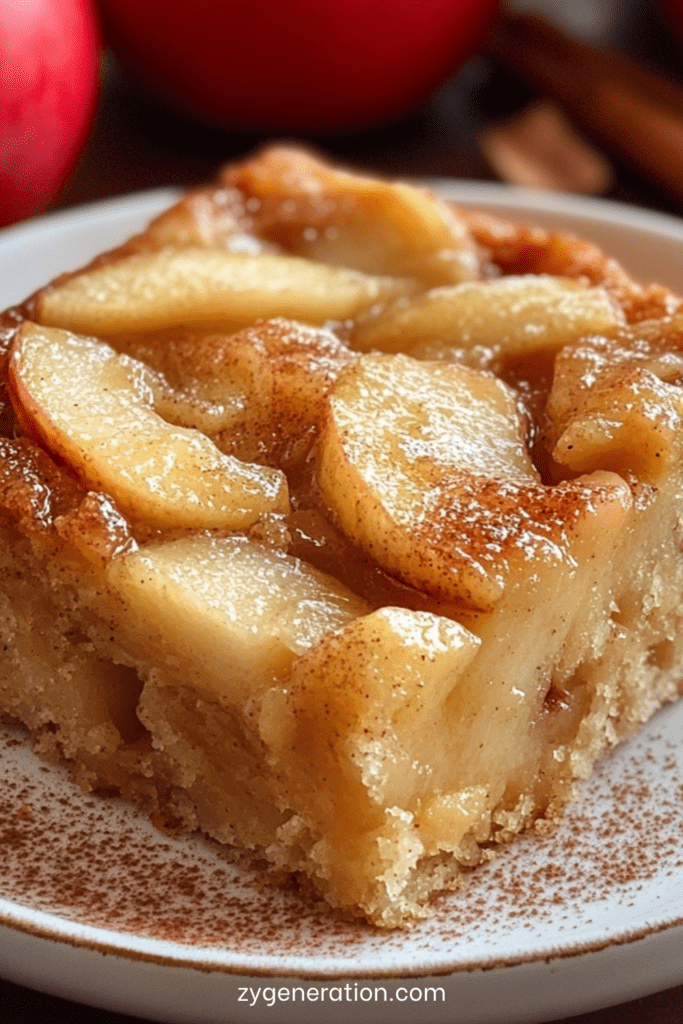 Gâteau moelleux aux pommes fondantes et cannelle, légèrement doré avec tranches de pommes caramélisées sur le dessus.