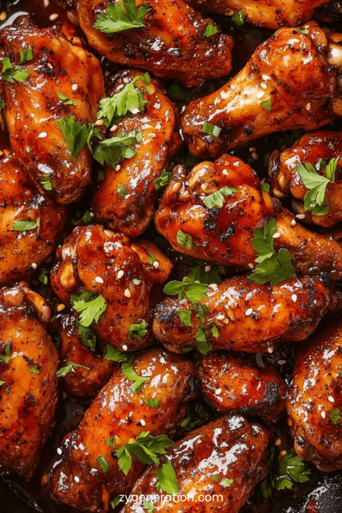 Ailes de poulet croustillantes nappées de sauce caramélisée miel soja, brillantes et parsemées de graines de sésame et herbes fraîches.